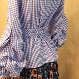 Umi Eason Neiman Marcus wrap top ruched sleeve gingham blue top L